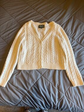 American Eagle Fuzzy Crochet Cable V-Neck Button Cardigan Sweater - Cream